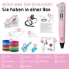 A flat lay of a 3D pen starter pack, showing all the included items with numbered labels and a key at the bottom. Produktbild-Vorschau