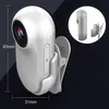 A white mini-sport camera with a clip attached, shown against a dark background. Dimensions are indicated. Produktbild-Vorschau