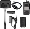 A flat lay of a Retevis RT3S DMR radio and its accessories, including a charging cradle, USB charging cable, antenna, belt clip, power adapter, and battery. Produktbild-Vorschau