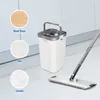 A mopping system with a bucket and mop is shown on a tiled floor, with circular graphics indicating suitability for wood, tile, and ceramic surfaces. Podgląd zdjęcia produktu