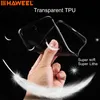 A hand holding a transparent phone case with feathers floating around. Produktbild-Vorschau