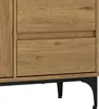 A close-up view of a wooden sideboard with black metal legs. Voir les images du produit