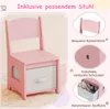 A pink children's chair with a storage drawer, shown with close-up details and descriptive text. Podgląd zdjęcia produktu
