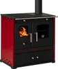 A red and black wood-burning stove with a chimney. Produktbild-Vorschau