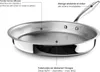 A close-up, angled view of a stainless steel frying pan with descriptive text labels pointing to its features. Produktbild-Vorschau