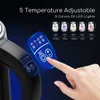 A close-up of a person's hand touching the control panel of a black electric kettle, with marketing text and graphics overlayed. Produktbild-Vorschau
