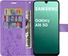 A purple wallet-style phone case with card slots and a phone displaying the Samsung logo and model name. Produktbild-Vorschau