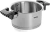 A stainless steel pot with black handles is shown against a white background. Produktbild-Vorschau