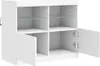 A white sideboard with glass shelves and open doors, shown against a white background. Voir les images du produit