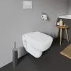 A modern bathroom setting with a wall-mounted toilet, toilet brush, and a small side table with toiletries. Produktbild-Vorschau