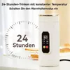 A white electric water cup with a digital display is shown on a table, with toast and pastries in the background. A circular graphic with the text '24 Stunden' is overlaid on the left side of the image. Produktbild-Vorschau