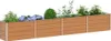 A long, rectangular raised garden bed with a wood-like finish and silver metal accents, filled with various plants including flowers and greenery. Voir les images du produit