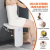 A woman is sitting on a wall-mounted foldable shower seat in a bathroom. Text overlays highlight the product's load capacity and target users. Produktbild-Vorschau