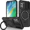 A black phone case with a magnetic ring stand and a sliding camera cover is displayed from multiple angles. Produktbild-Vorschau