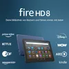 An Amazon Fire HD 8 tablet is shown with various app logos and streaming service logos around it, suggesting its entertainment capabilities. Produktbild-Vorschau