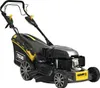 A black and yellow gasoline-powered lawnmower with a silver engine cover, shown from a three-quarter front angle against a white background. Produktbild-Vorschau
