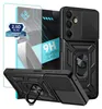 A black phone case with a screen protector and a ring holder, presented with marketing text and graphics. Produktbild-Vorschau