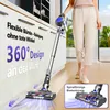 A person is using a cordless vacuum cleaner in a kitchen or living area, with text overlays highlighting features. Produktbild-Vorschau