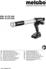 A product shot of a cordless caulking gun with a battery pack attached, presented on a white background. The image also includes the brand logo and a list of languages with corresponding instruction manual page numbers. Produktbild-Vorschau