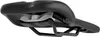 A black bicycle saddle shown from a low angle against a white background. Produktbild-Vorschau