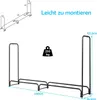 A diagram showing the assembly of a firewood rack, along with a visual representation of the rack itself with dimensions and a weight capacity icon. Produktbild-Vorschau