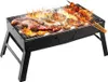 A black portable charcoal grill with food cooking on it. Produktbild-Vorschau