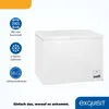 A white chest freezer is shown with informational icons and text on the left, and a brand logo at the bottom right. Produktbild-Vorschau