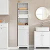 A white bathroom cabinet with shelves and a drawer, next to a sink and mirror. Produktbild-Vorschau