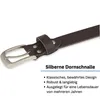 Close-up of a leather belt buckle and strap with descriptive text. Produktbild-Vorschau