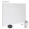 A white infrared wall heater panel with a digital thermostat and a power plug, presented on a white background. Produktbild-Vorschau