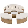 A modular outdoor sofa set with a round coffee table and a canopy, presented on a white background. Voir les images du produit