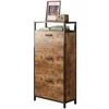 A tall, narrow shoe cabinet with three drawers, featuring a rustic wood grain finish and black metal frame. It is displayed against a white background, with a framed picture and a small radio on top. Náhľad obrázku produktu
