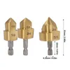 Three brass drill bits with hexagonal shanks are arranged on a white background. Dimensions are indicated with text and lines. Voir les images du produit