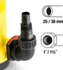 Close-up of a yellow submersible pump's outlet fitting with a hose adapter and diagrams showing hose and thread sizes. Produktbild-Vorschau