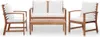 A set of outdoor furniture including a loveseat, two chairs, and a coffee table, all made of wood with white cushions, displayed against a white background. Náhľad obrázku produktu