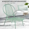 A light green chair with text overlays highlighting its features, set against a concrete floor and a blurred background with a plant. Náhľad obrázku produktu
