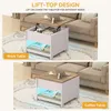 A split image showing a coffee table in two different configurations: as a work table with the top lifted, and as a coffee table with the top lowered. The table has a white base and a wood-grain top, with blue LED lighting visible in the lower shelf. Produktbild-Vorschau