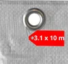 A close-up of a silver grommet on a grey tarp with a red tag showing dimensions. Podgląd zdjęcia produktu