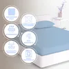 A light blue fitted sheet is shown on a bed, with several circular icons around it highlighting product features. Produktbild-Vorschau
