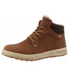 A single brown leather boot with laces and fur lining, presented on a white background. Produktbild-Vorschau