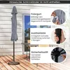 A folded gray umbrella is shown on a wooden deck, with close-up images and text highlighting its features. Produktbild-Vorschau