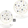A collage of images showing white plates and bowls with a snowflake and star pattern in black and gold. Podgląd zdjęcia produktu