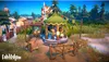 A stylized village scene with a central gazebo where two characters are singing. Produktbild-Vorschau