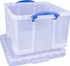 A clear, studio shot of a transparent storage box with blue handles and lid. Voir les images du produit