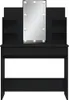 A black vanity table with a mirror surrounded by lights. Produktbild-Vorschau