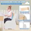 A child sitting at a table using an ergonomic chair designed for children, with close-up shots highlighting features. Produktbild-Vorschau