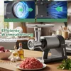 A meat grinder is shown on a wooden countertop, with a pile of ground meat in front of it. The top part of the image shows diagrams illustrating heat dissipation. Produktbild-Vorschau