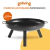 A black metal fire pit on a white and yellow background with text overlays. Produktbild-Vorschau