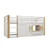 A white and wood-colored children's loft bed with a ladder, a door, and a window. Voir les images du produit