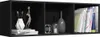 A black wall-mounted bookshelf with three compartments, displaying decorative items and books. Produktbild-Vorschau